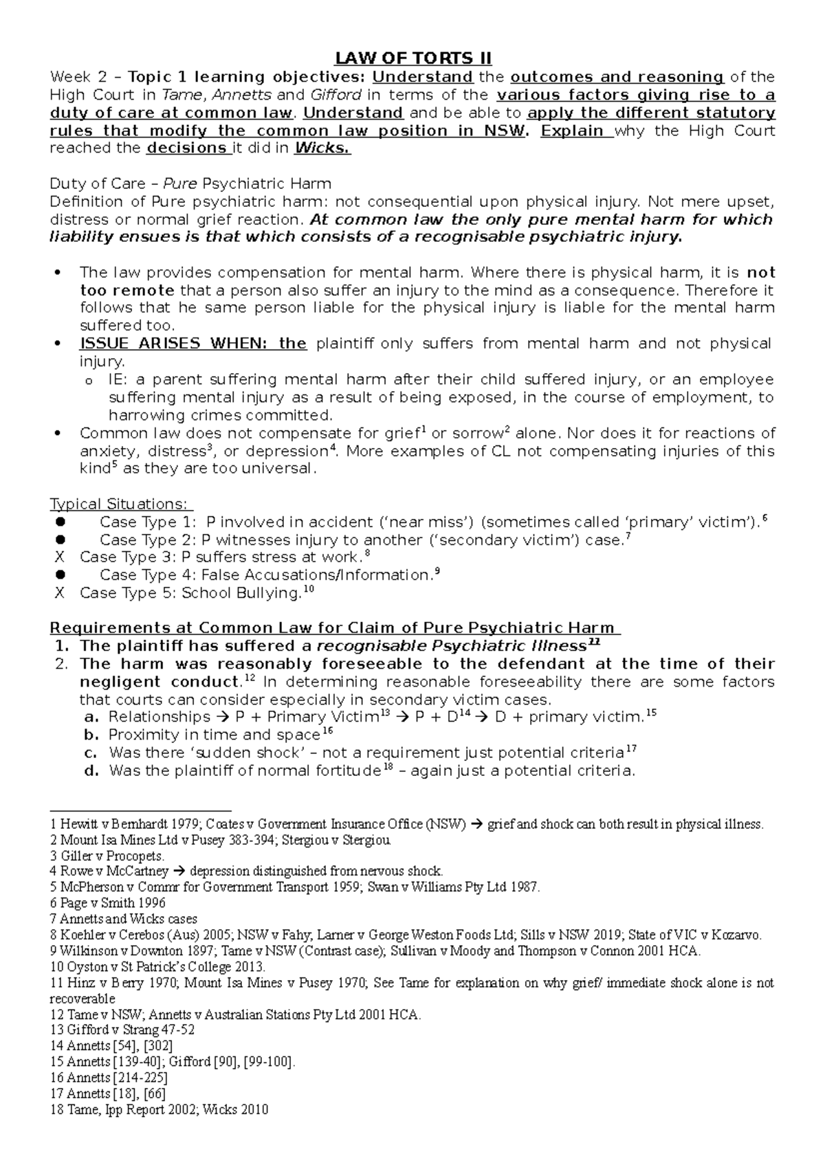 Torts II notes - Week 2 – Topic 1 learning objectives: Understand the ...