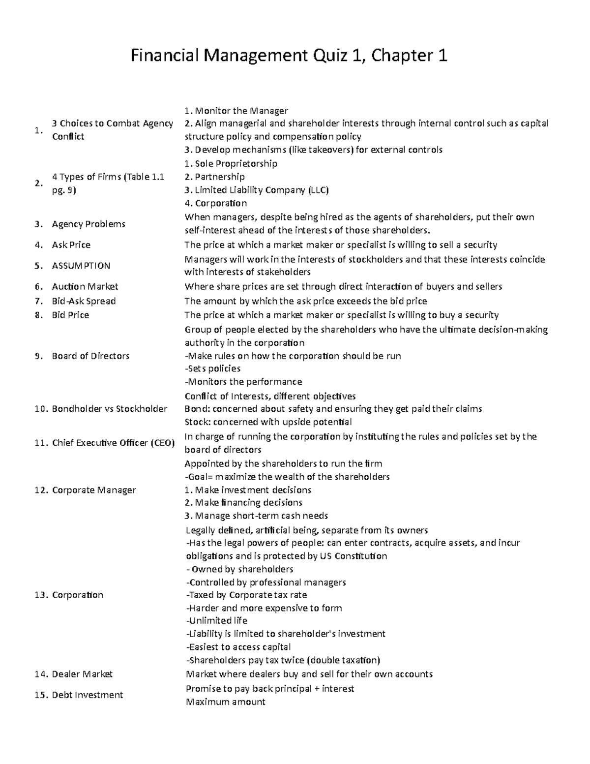 Quiz 1, Chapter 1 - Financial Management Quiz 1, Chapter 1 1. 3 Choices ...