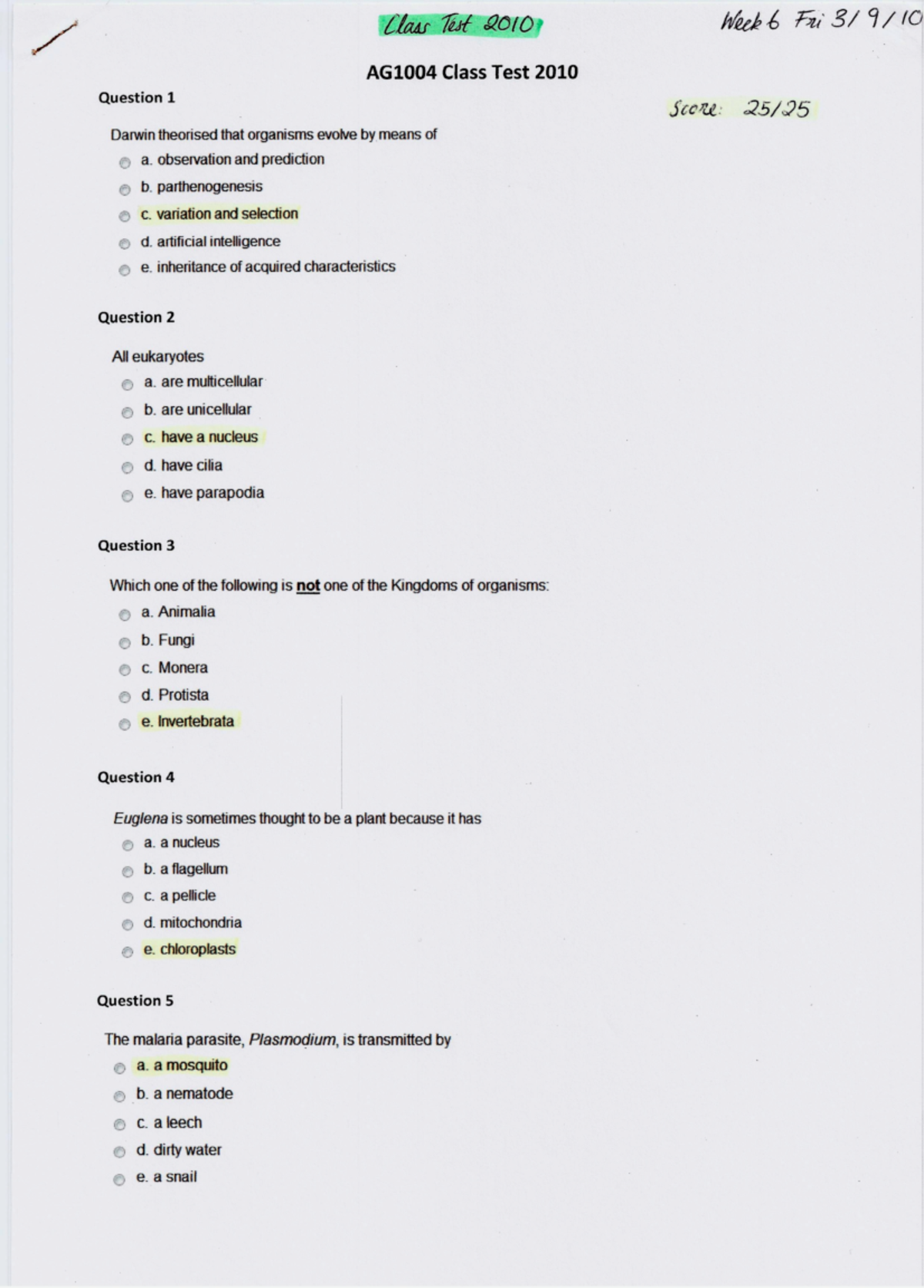 Sample/practice Exam 2010, Questions And Answers - AGlOO4 Class Test ...