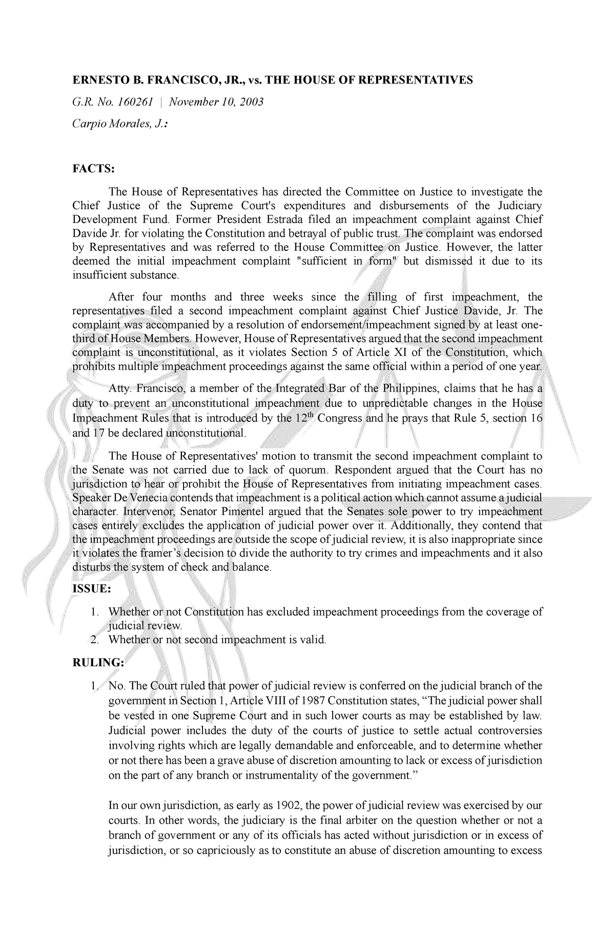 Ernesto B. Francisco JR - ERNESTO B. FRANCISCO, JR., Vs. THE HOUSE OF ...