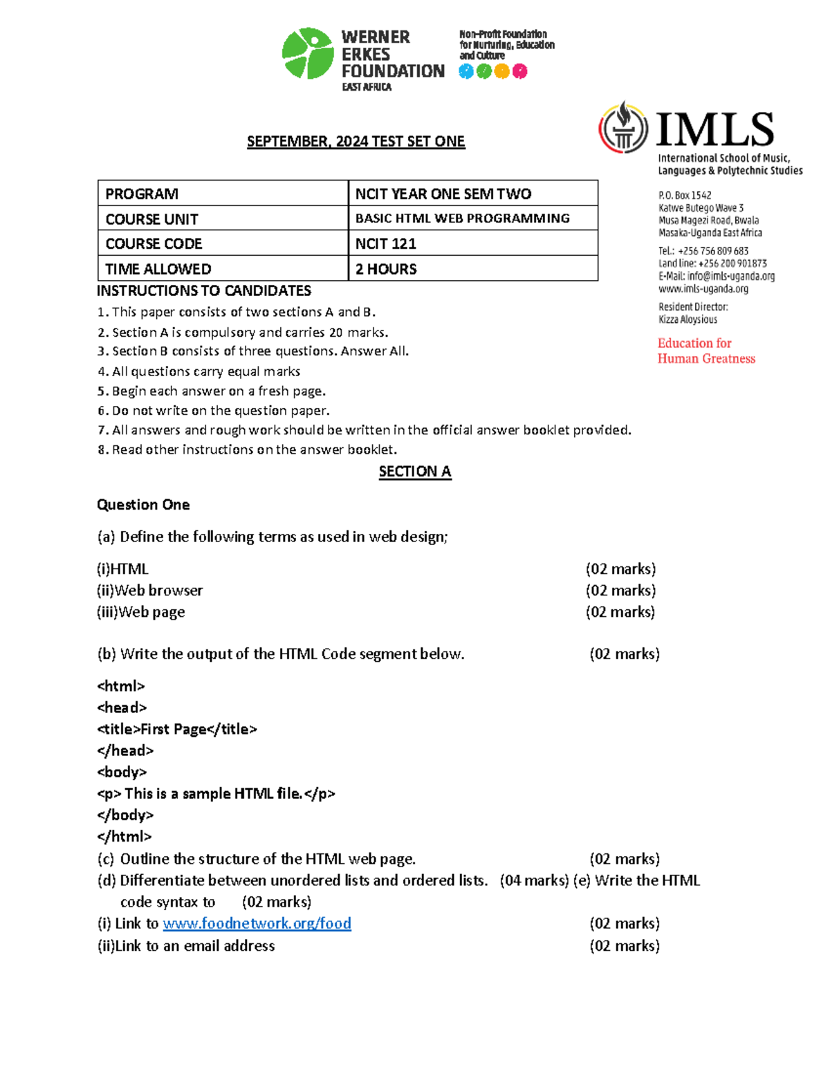 Basic html programmingedited - SEPTEMBER, 2024 TEST SET ONE ...