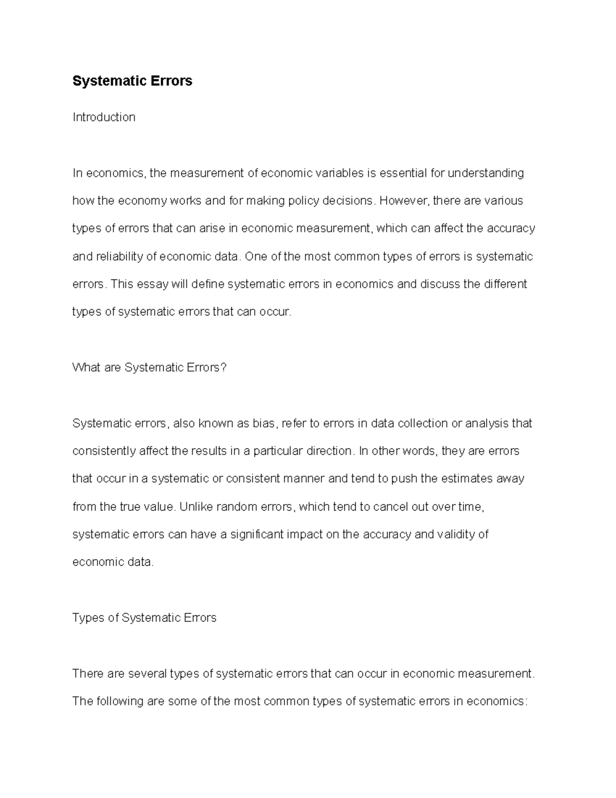 Systematic Errors - Systematic Errors Introduction In economics, the ...