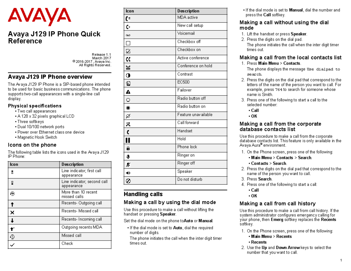 Avaya J 129IPPhone Quick Reference - Avaya J129 IP Phone Quick ...