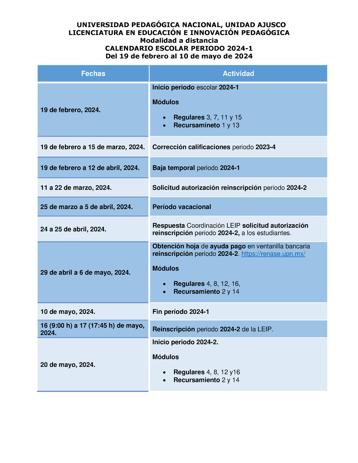 Calendario LEIP UPN (20241) Estudiantes UNIVERSIDAD PEDAGÓGICA