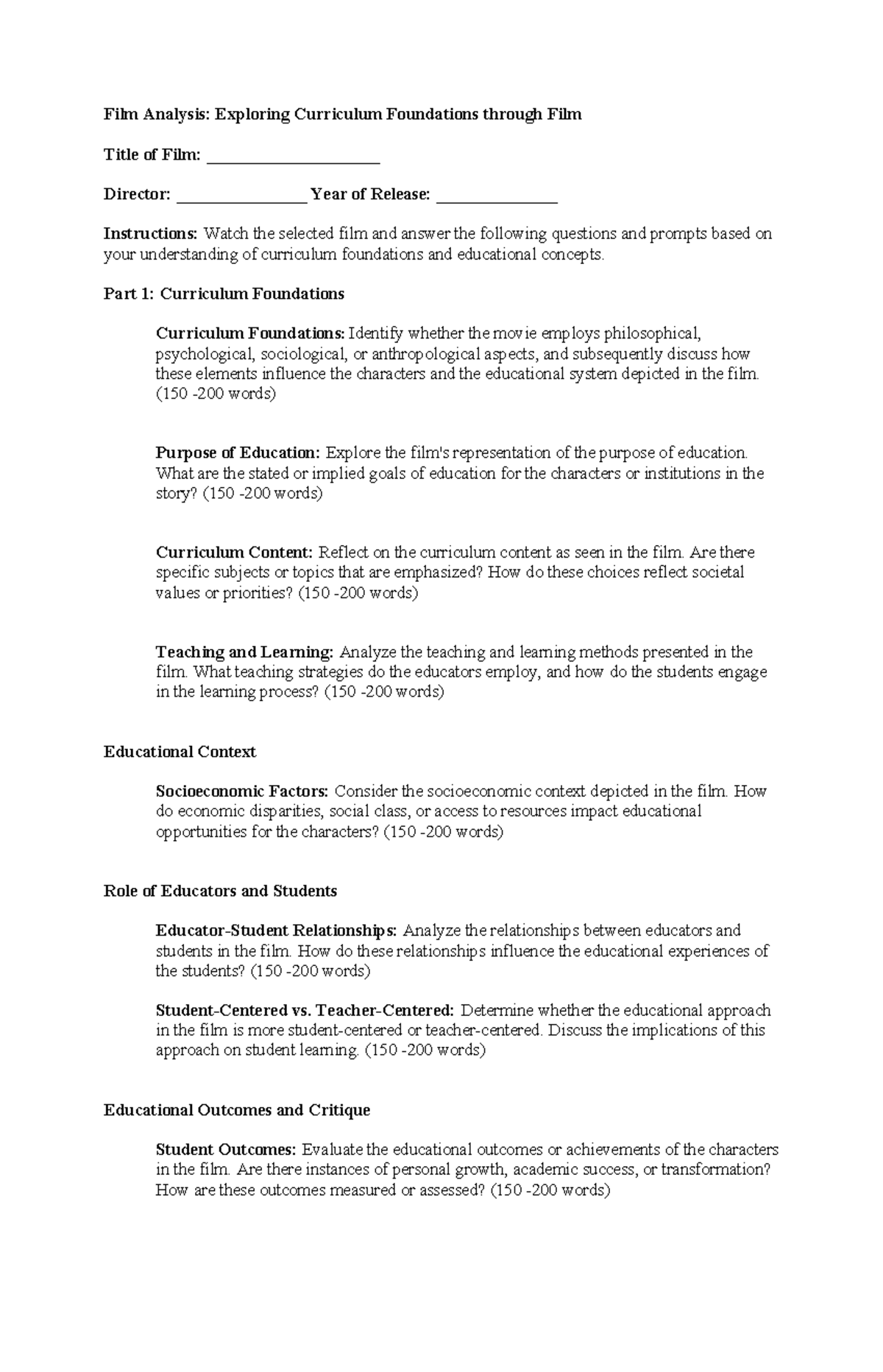 Film Analysis - Part 1: Curriculum Foundations Curriculum Foundations ...