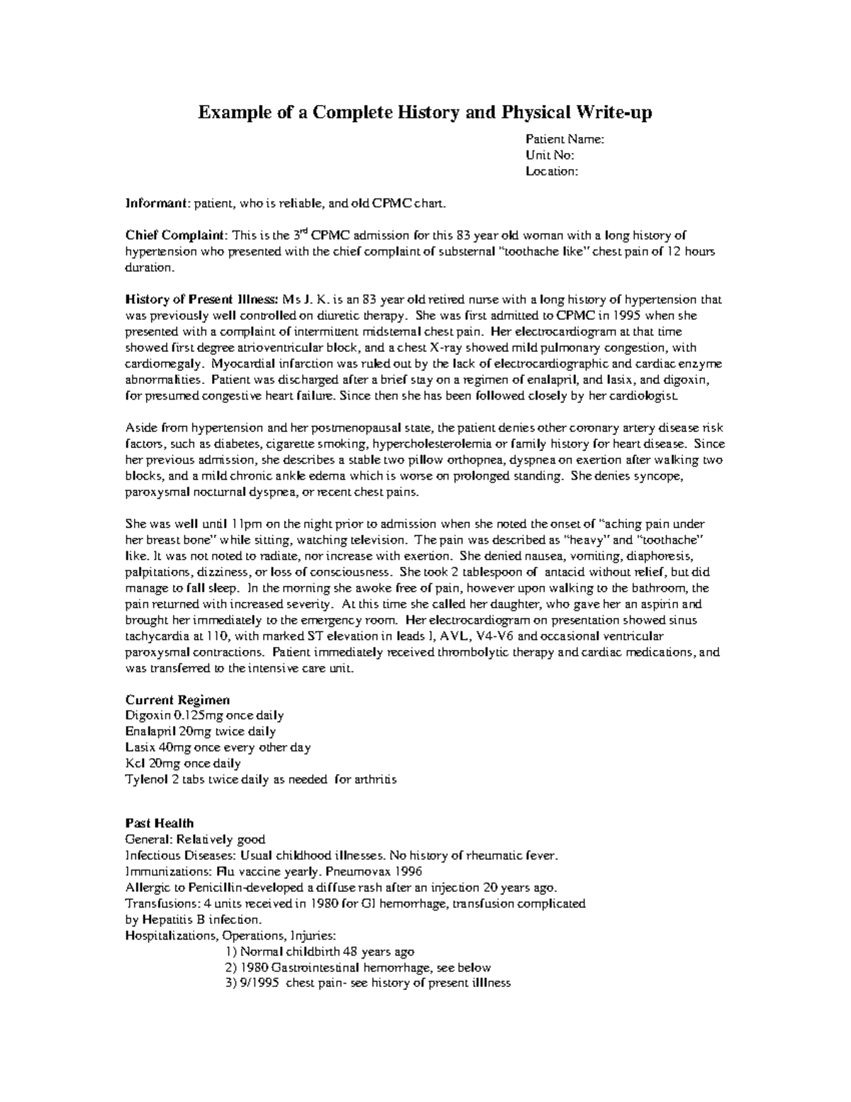 Sample Write Up - dddddddd - Example of a Complete History and Physical ...