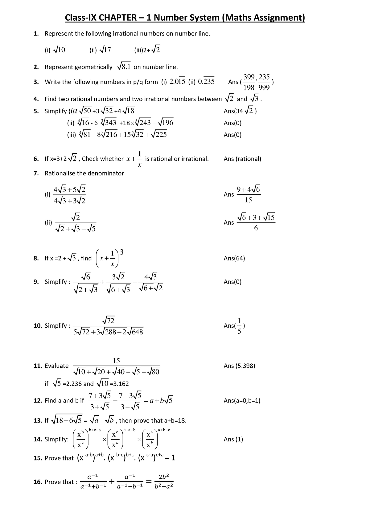 Extra Questions Of Chapter Number System Class 9