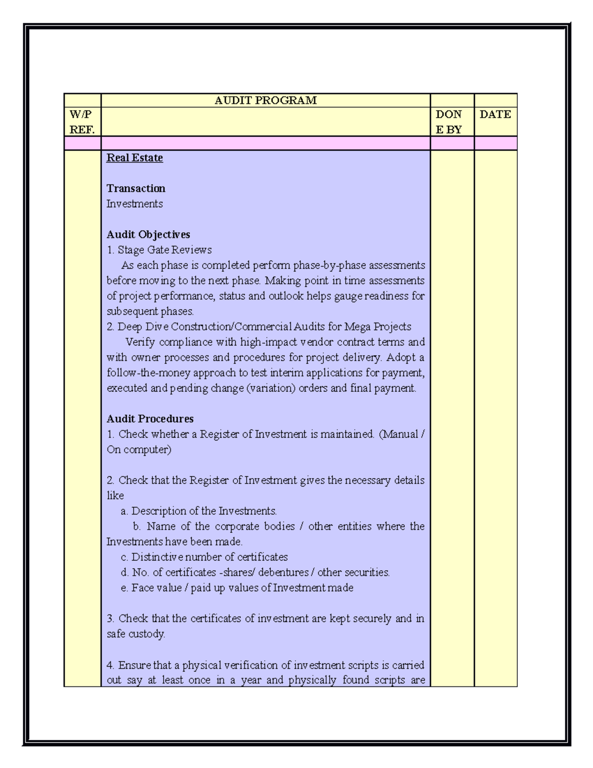 Task Performance 1 - AUDIT PROGRAM W/P REF. DON E BY DATE Real Estate ...