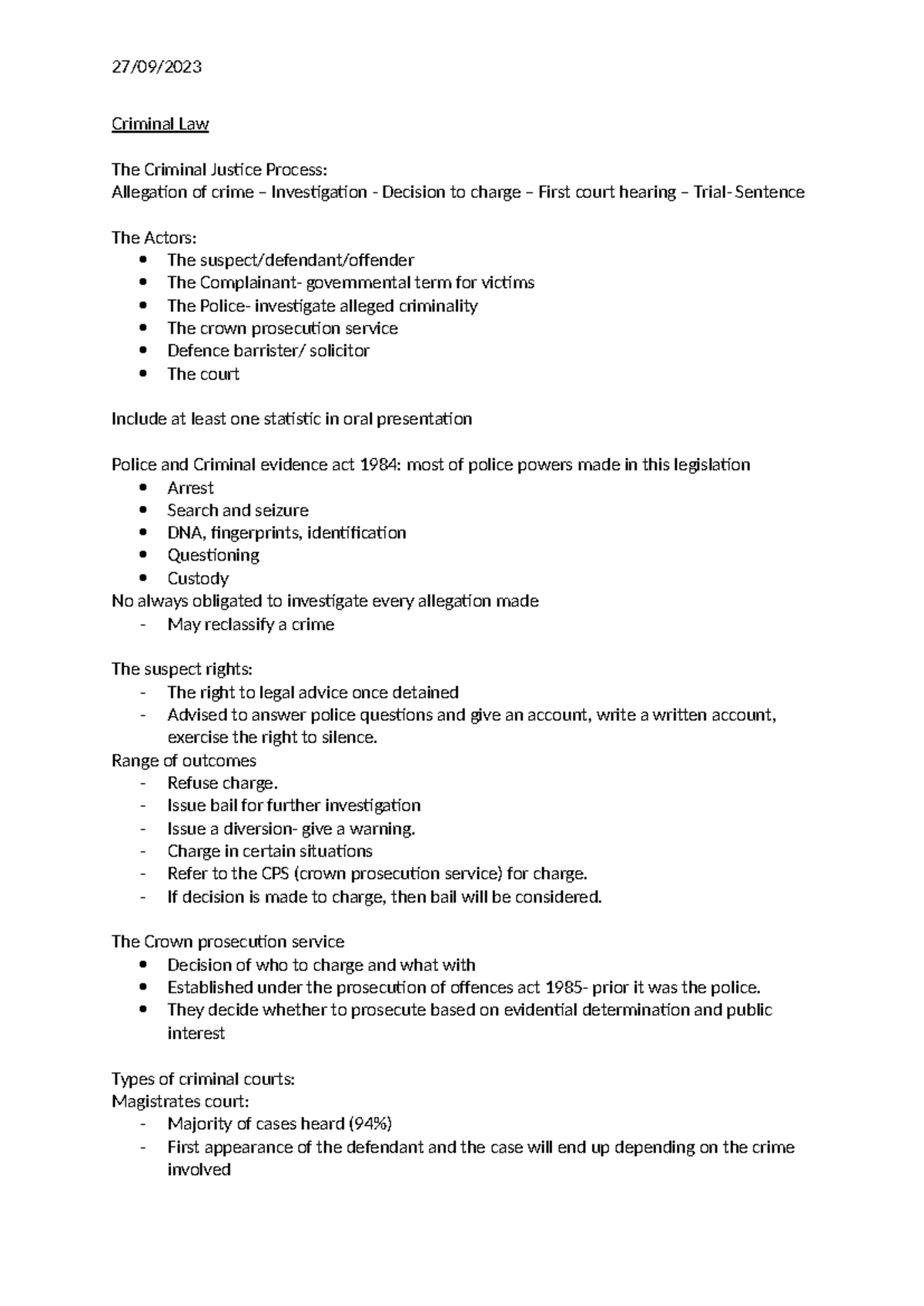 Term 1 lecture notes - Criminal Law The Criminal Justice Process ...