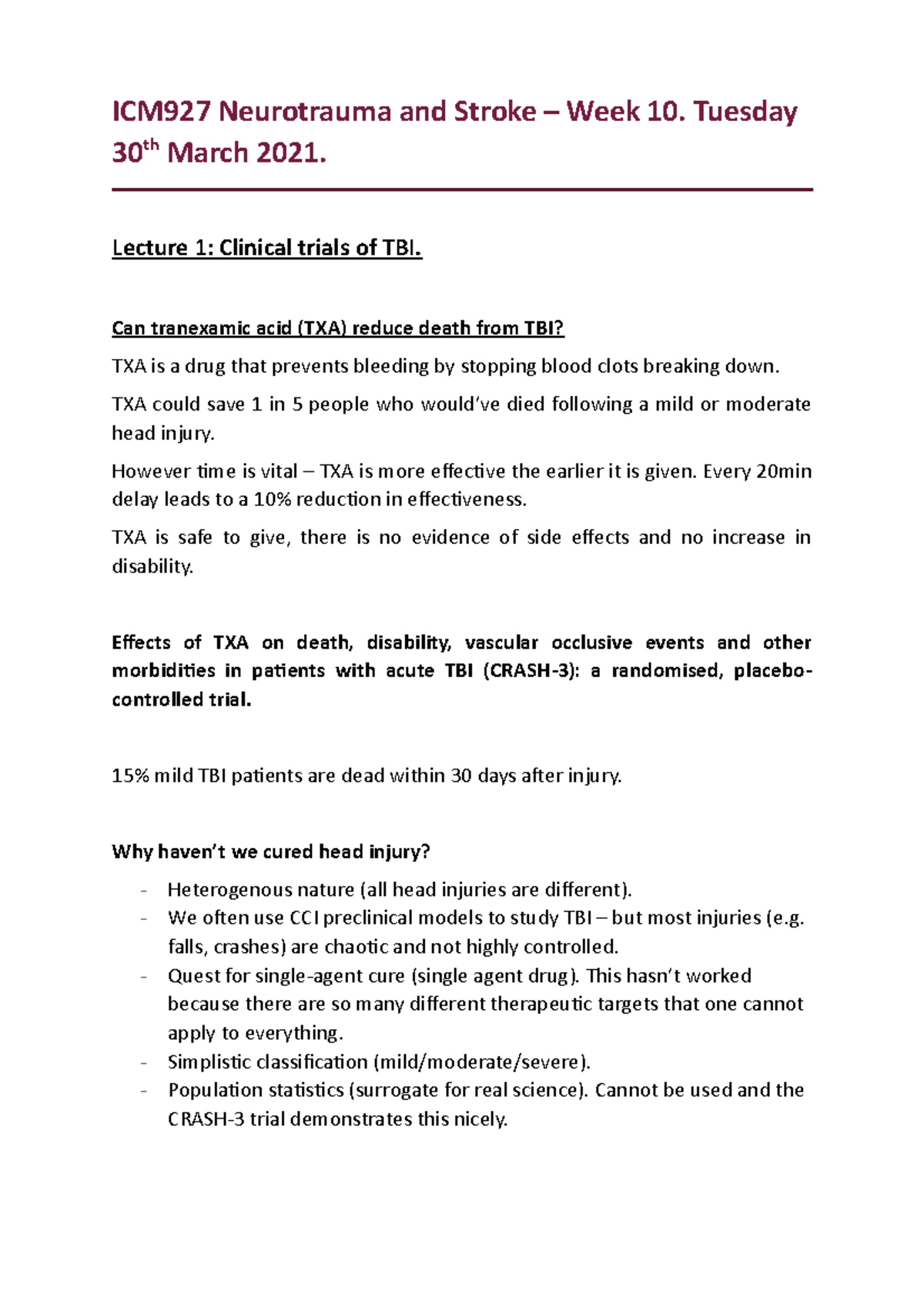 ICM927 Week 10 - Lecture notes 17 and 18 - ICM927 Neurotrauma and ...