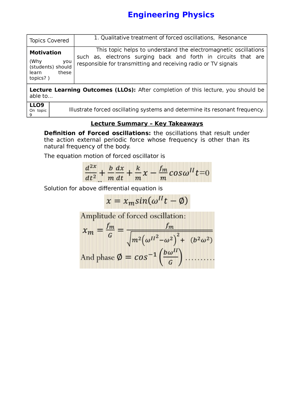 Forced Oscillations - Engineering Physics Topics Covered 1. Qualitative ...