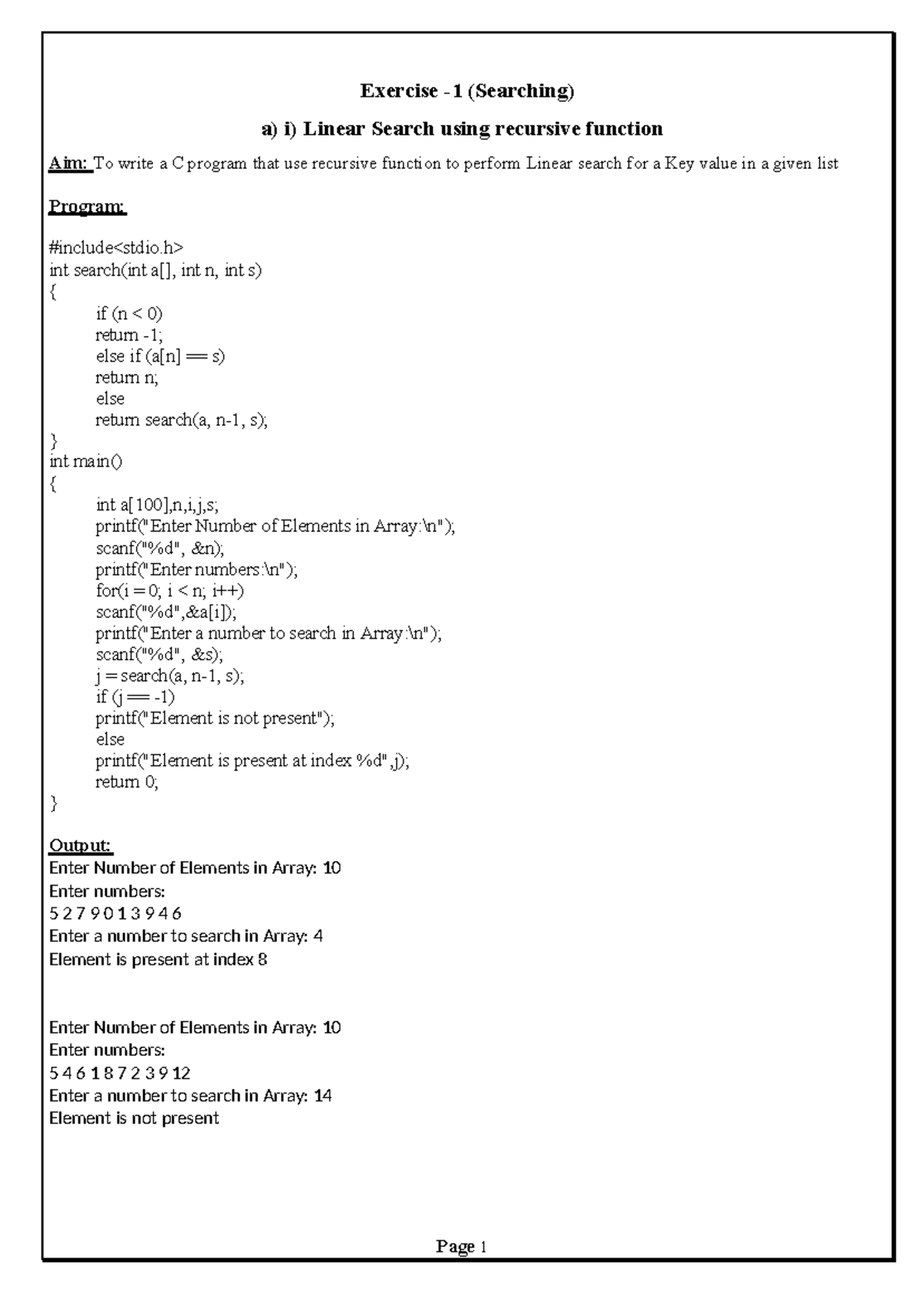 R20 DS-LAB - Reference material - Exercise -1 (Searching) a) i) Linear ...
