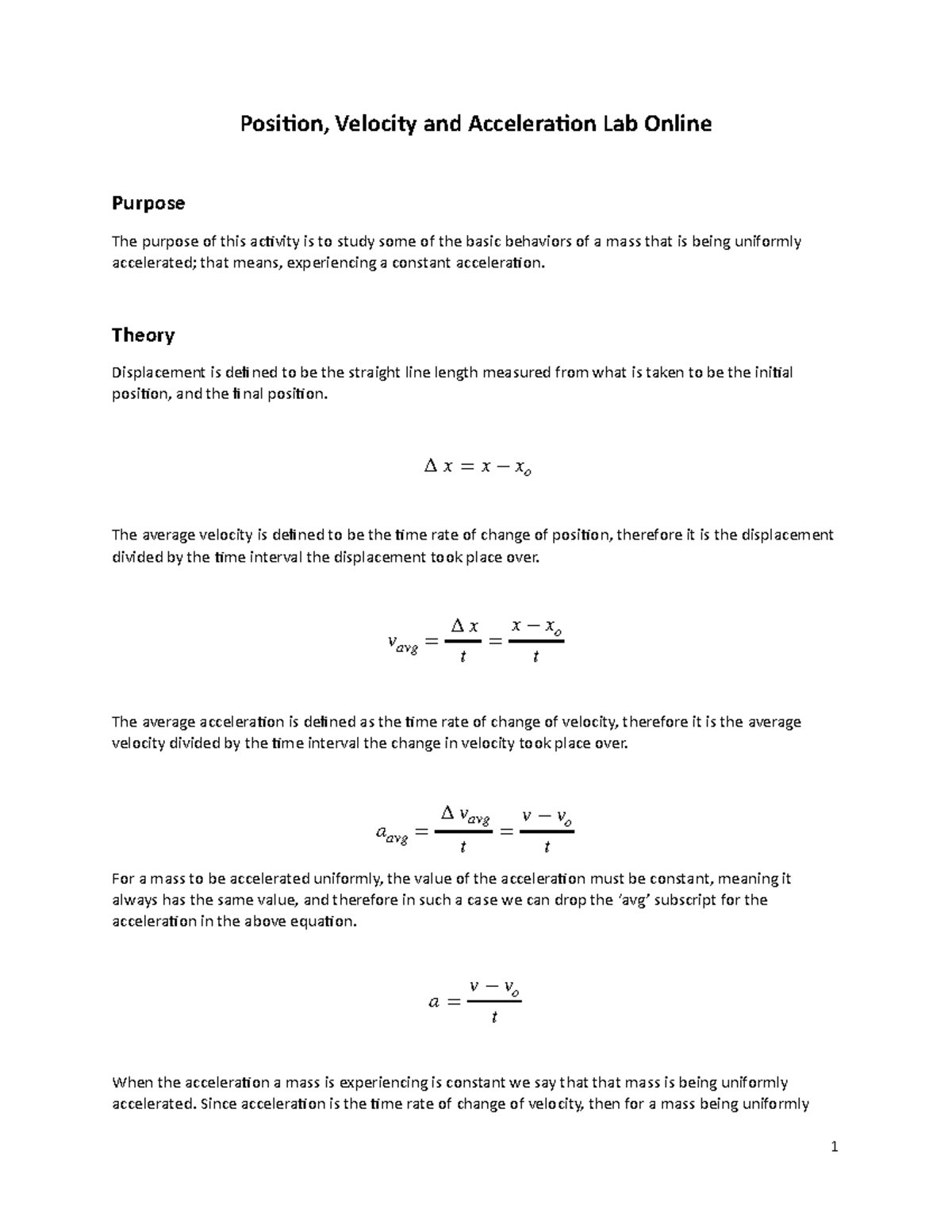 Fall22 Postion, Velocity, and Acceleration Lab Online - Posi%on ...