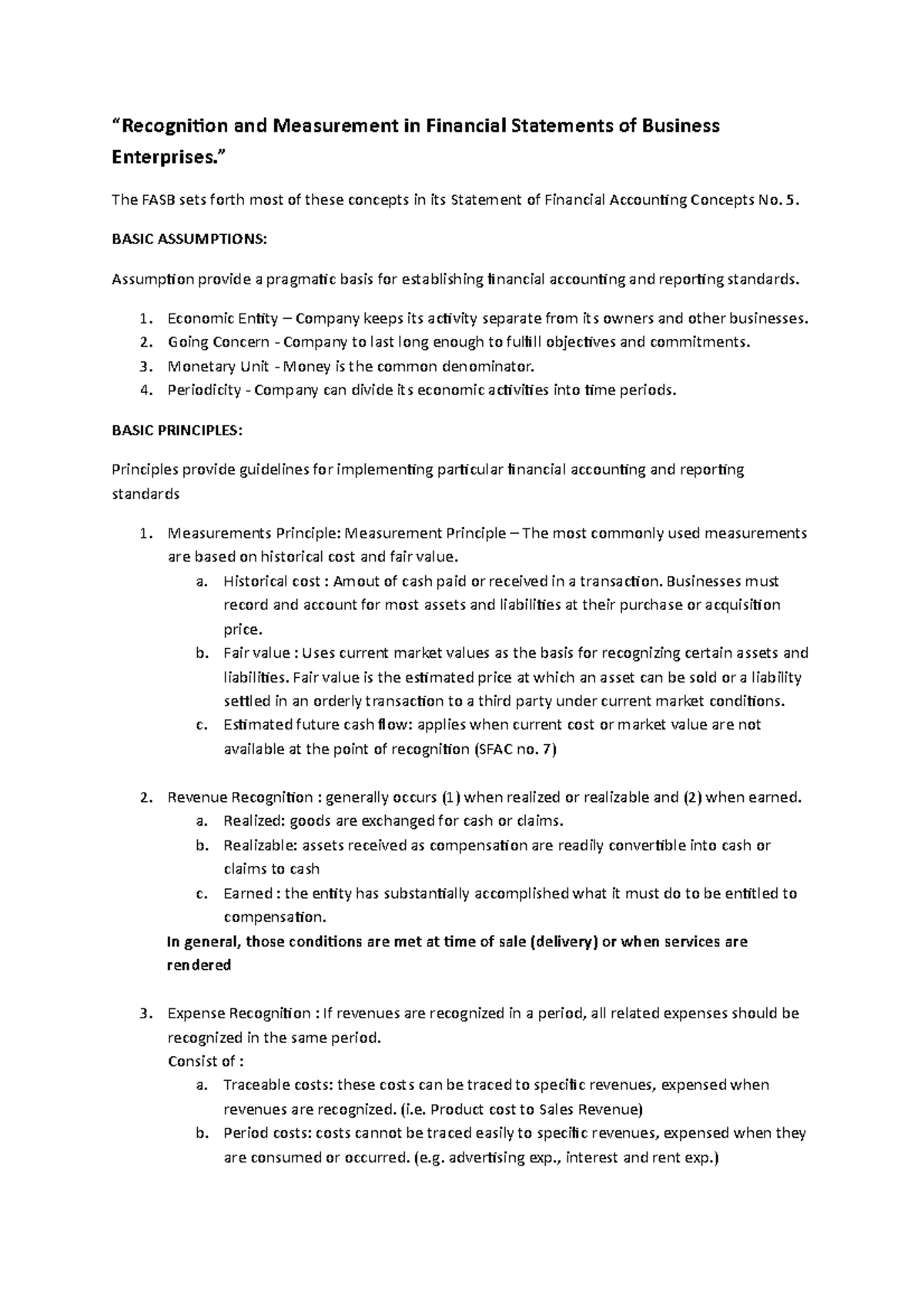 Summary Recognition And Measurement In Financial Statements Of Business