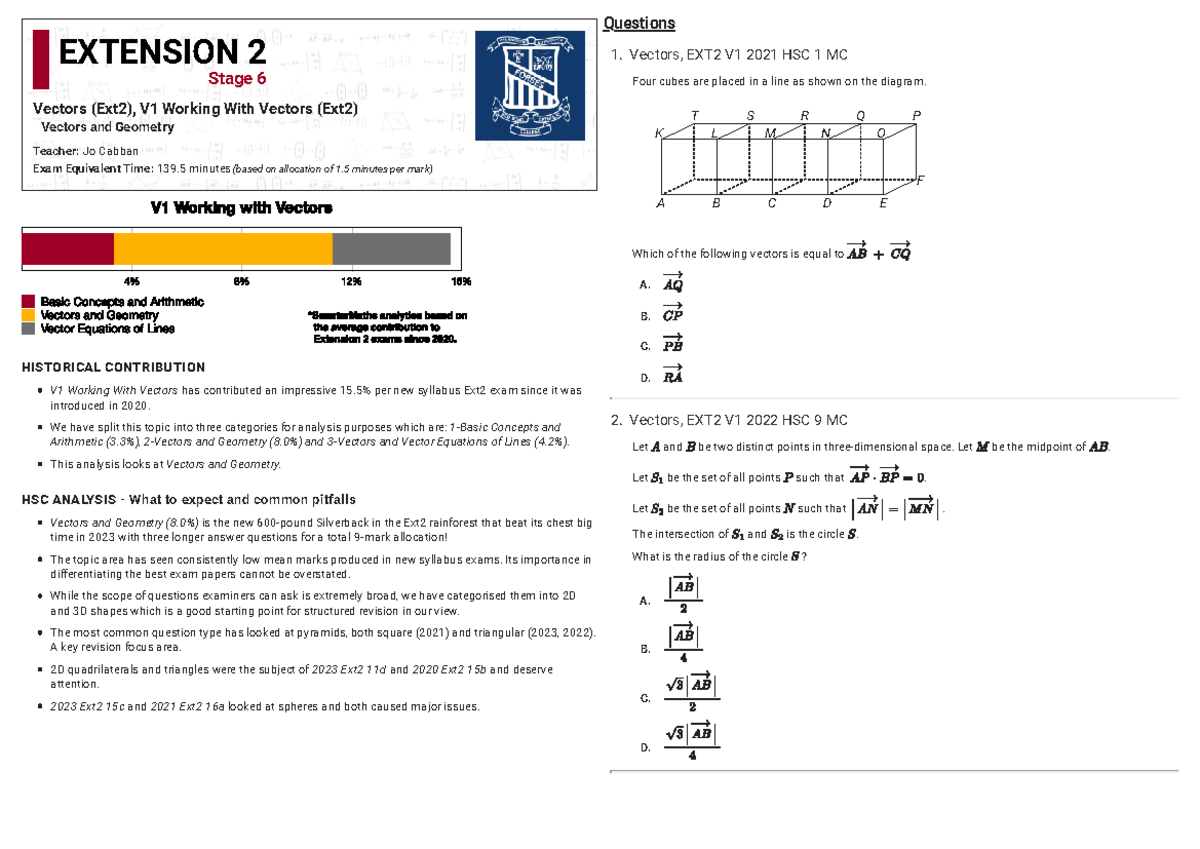 Vectors - Vectors and Geometry 2024 - Vectors (Ext2), V1 Working With ...