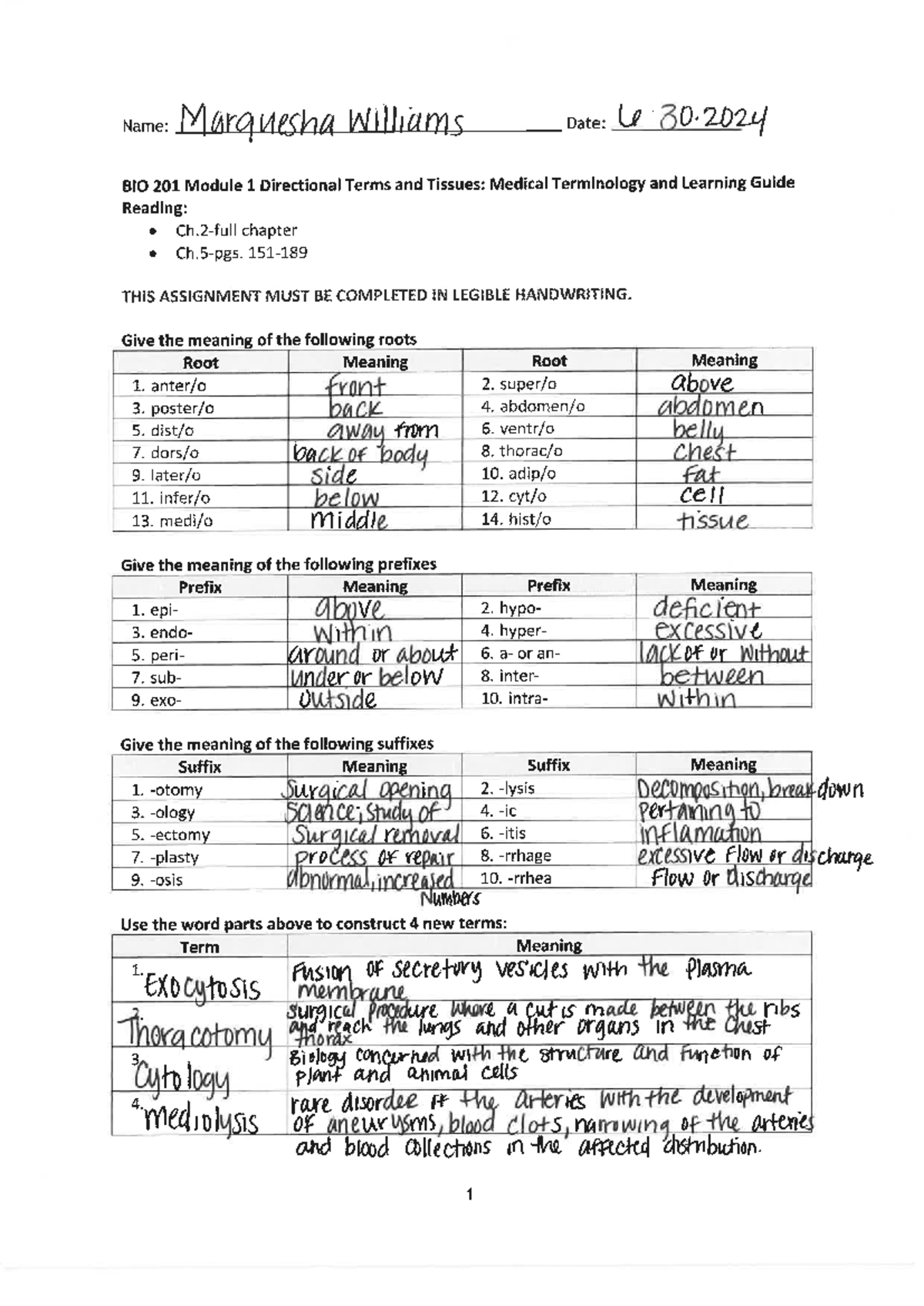 Module 1 Medical Terminology - Name: Marquesha Williams Date: e.30 BIO ...