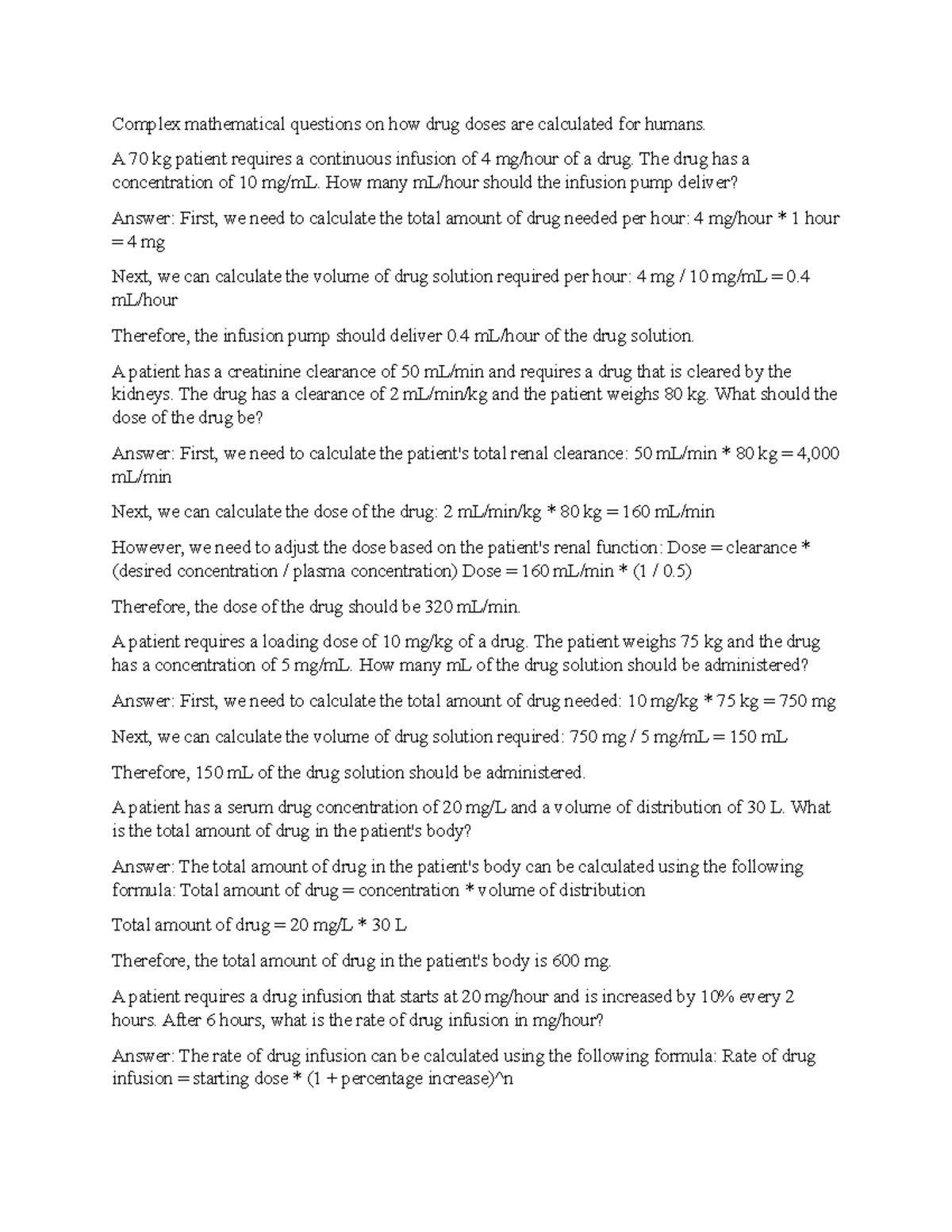 12 Complex mathematical questions on how drug doses are calculated for ...