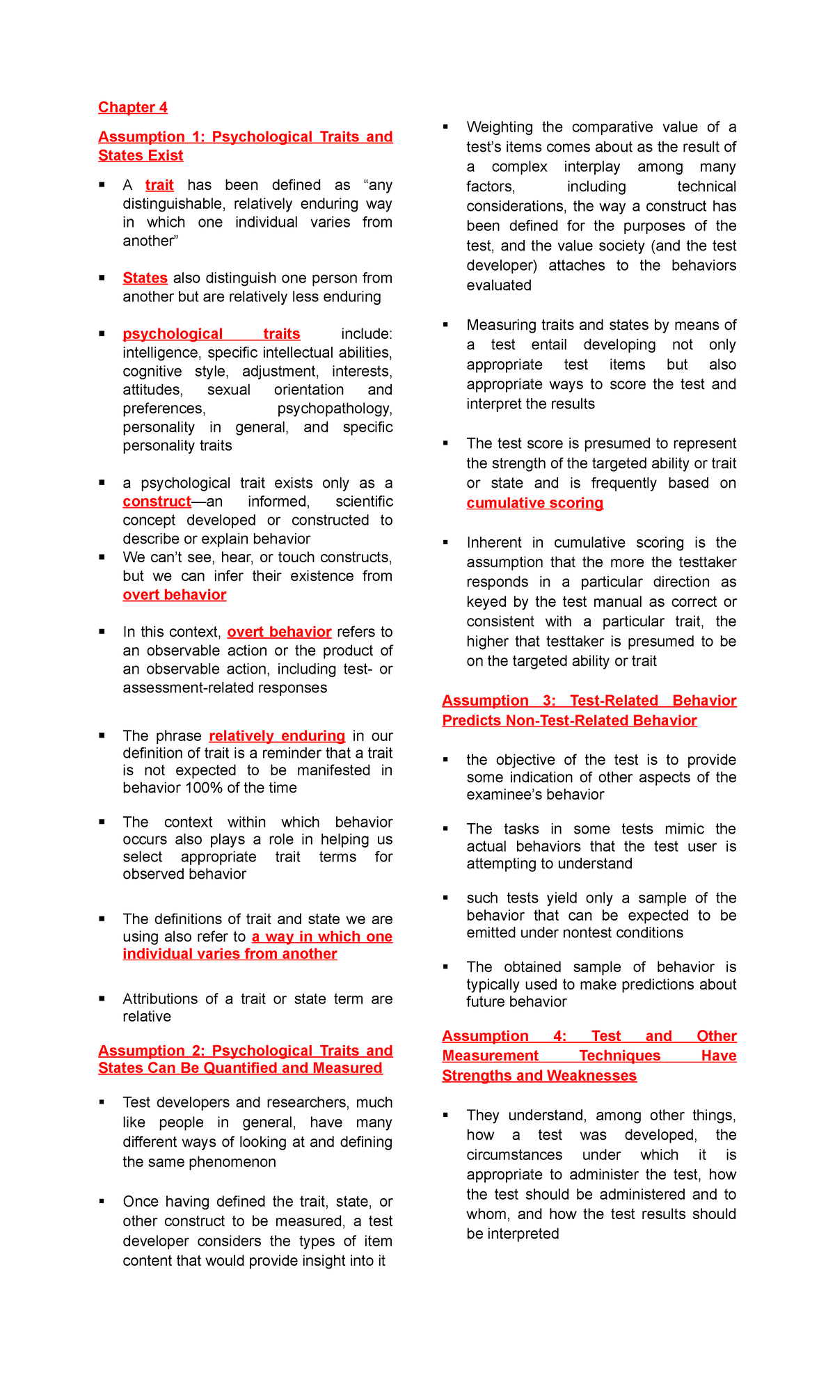 Psychological Assessment Notes (Chapter 4) - Chapter 4 Assumption 1 ...