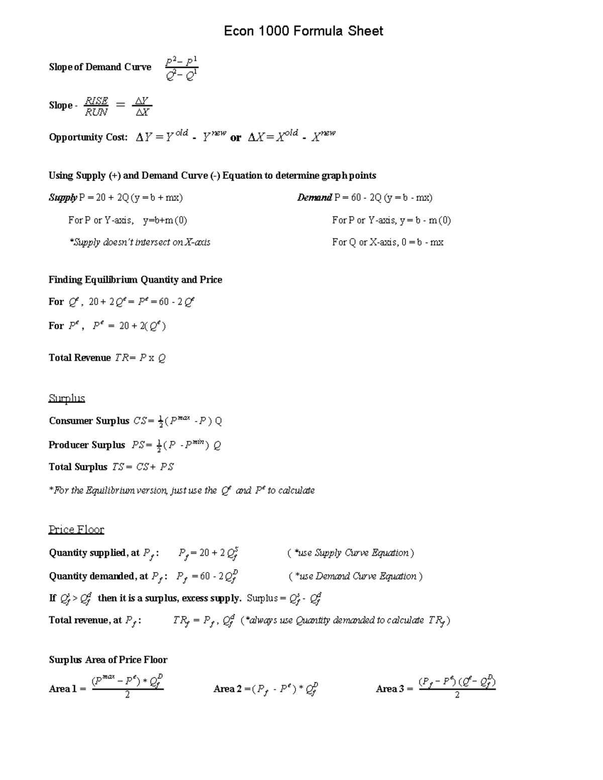 Econ 1000 Formula Sheet Ch 1 - 7 - ECON 1000 - Humber College - Studocu