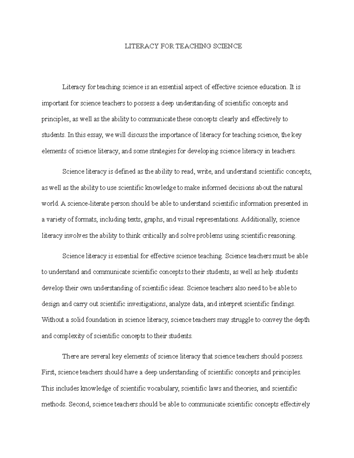Literacy FOR Teaching Science essay LITERACY FOR TEACHING SCIENCE