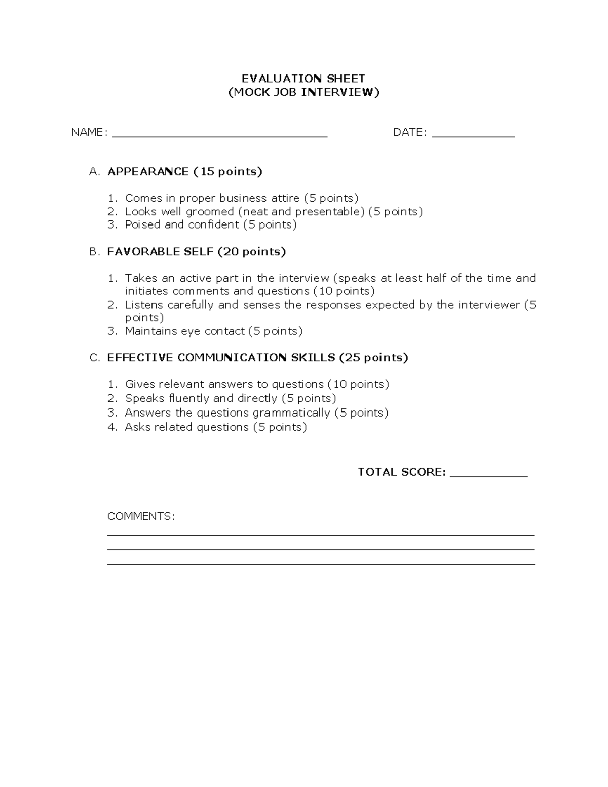 Evaluation Sheet - EVALUATION SHEET (MOCK JOB INTERVIEW) NAME