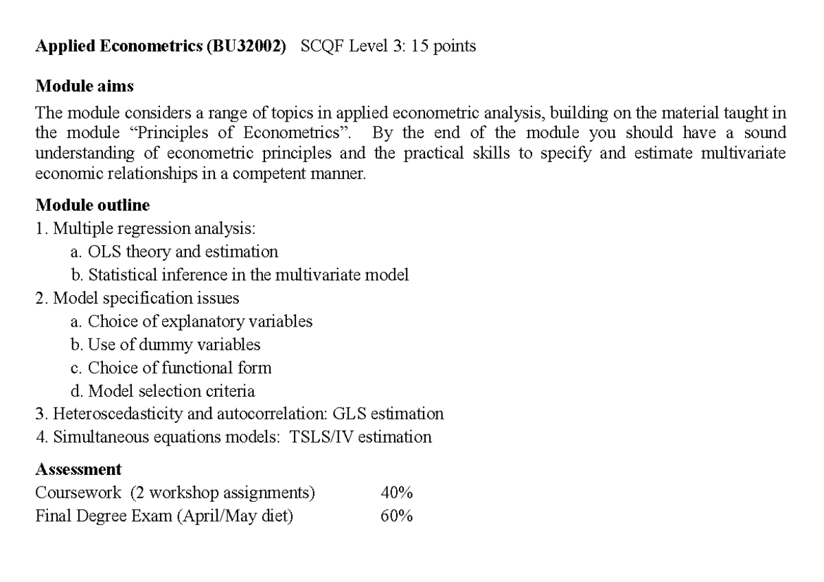 Lecture 1 Applied Econometrics (BU32002) SCQF Level 3 15