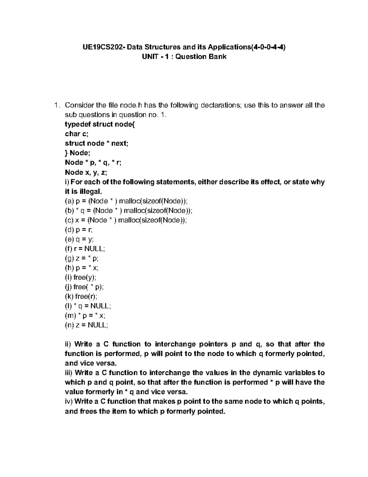 01 Linked Lists - Question Bank for the Unit 1 of C Course - Problem ...