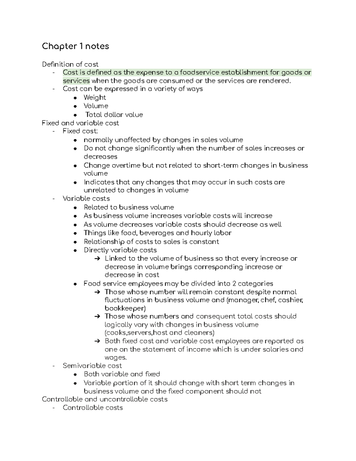 HTM Textbook Notes - Chapter 1 Notes Definition Of Cost - Cost Is ...