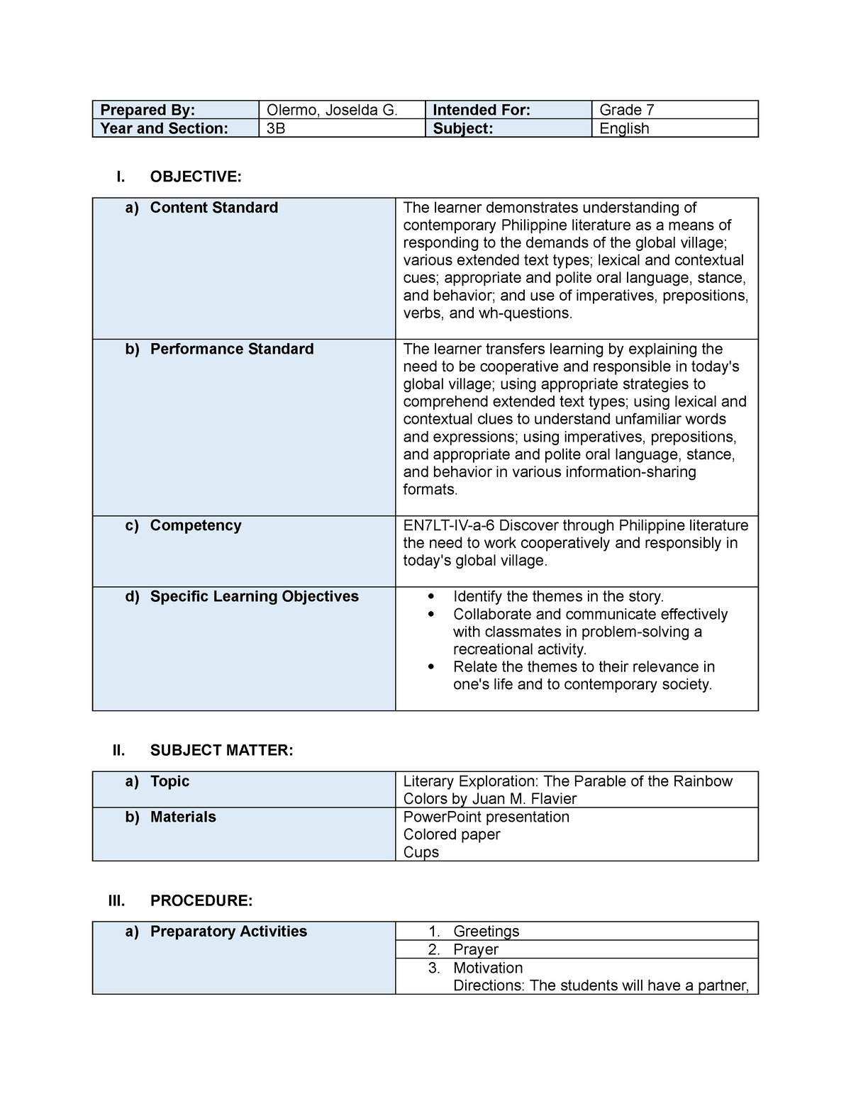 Lesson PLAN Grade 7 - Prepared By: Olermo, Joselda G. Intended For ...