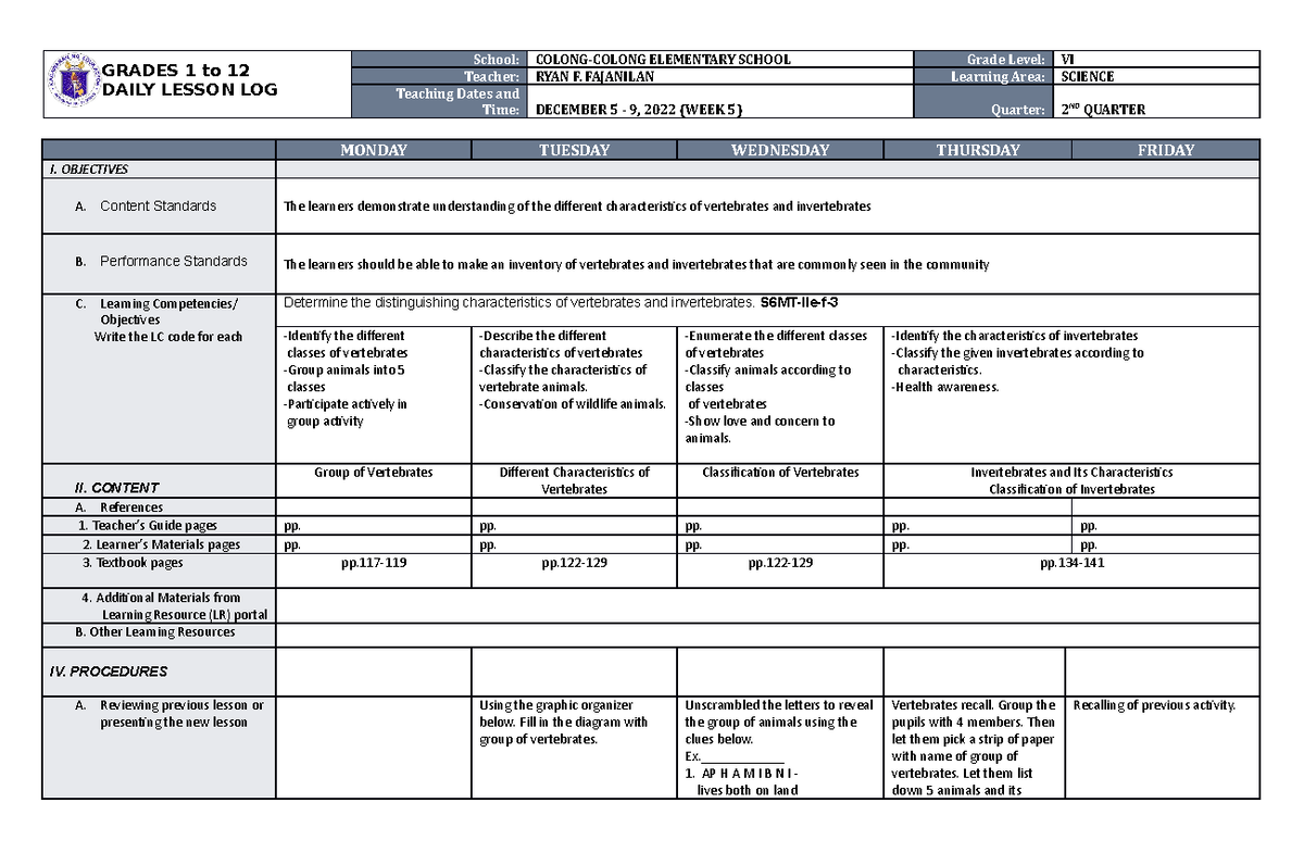 DLL Science 6 Q2 W5 - Daily Lesson Log - GRADES 1 to 12 DAILY LESSON ...