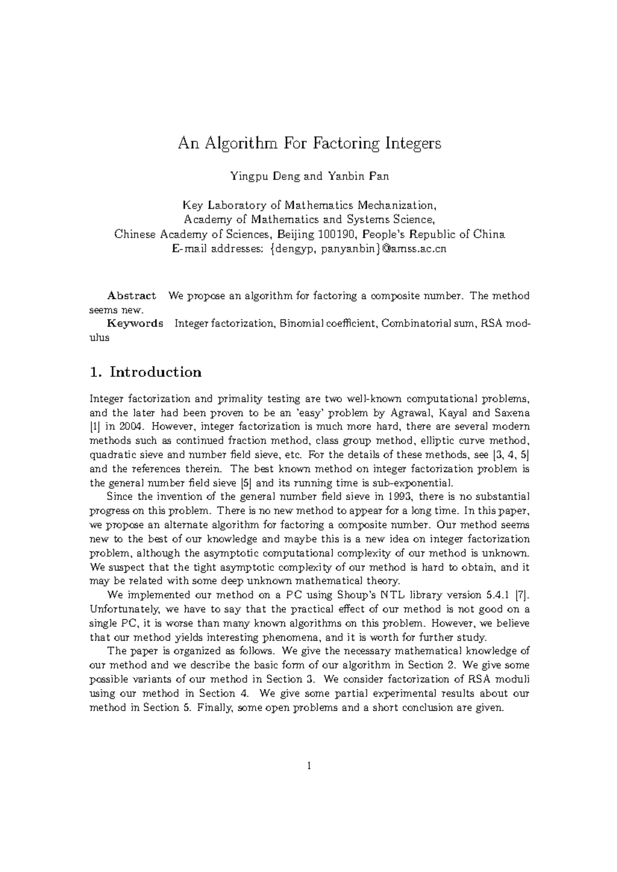 Document An Algorithm For Factoring Integers Yingpu Deng and Yanbin Pan Key Laboratory of