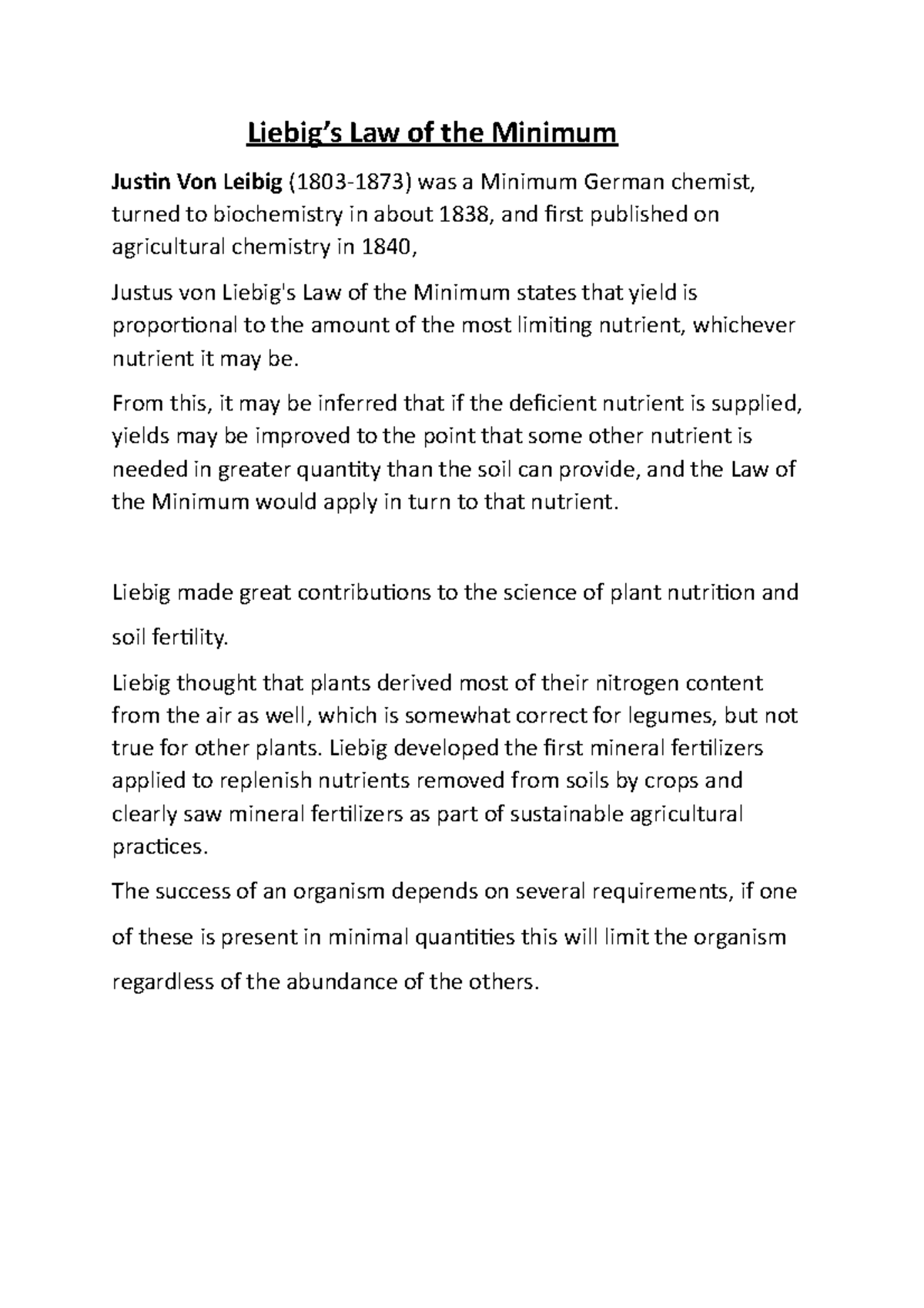 Factors of Limiting Factors Liebig’s Law of the Minimum Justin Von