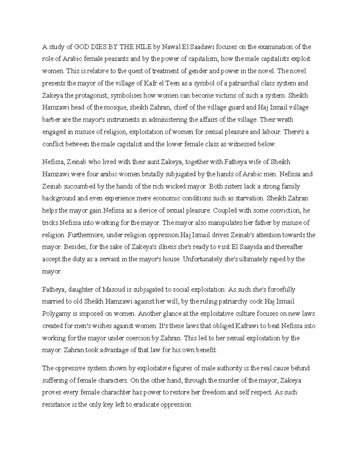 ALI 303 assignment - NONE - A study of GOD DIES BY THE NILE by Nawal El ...