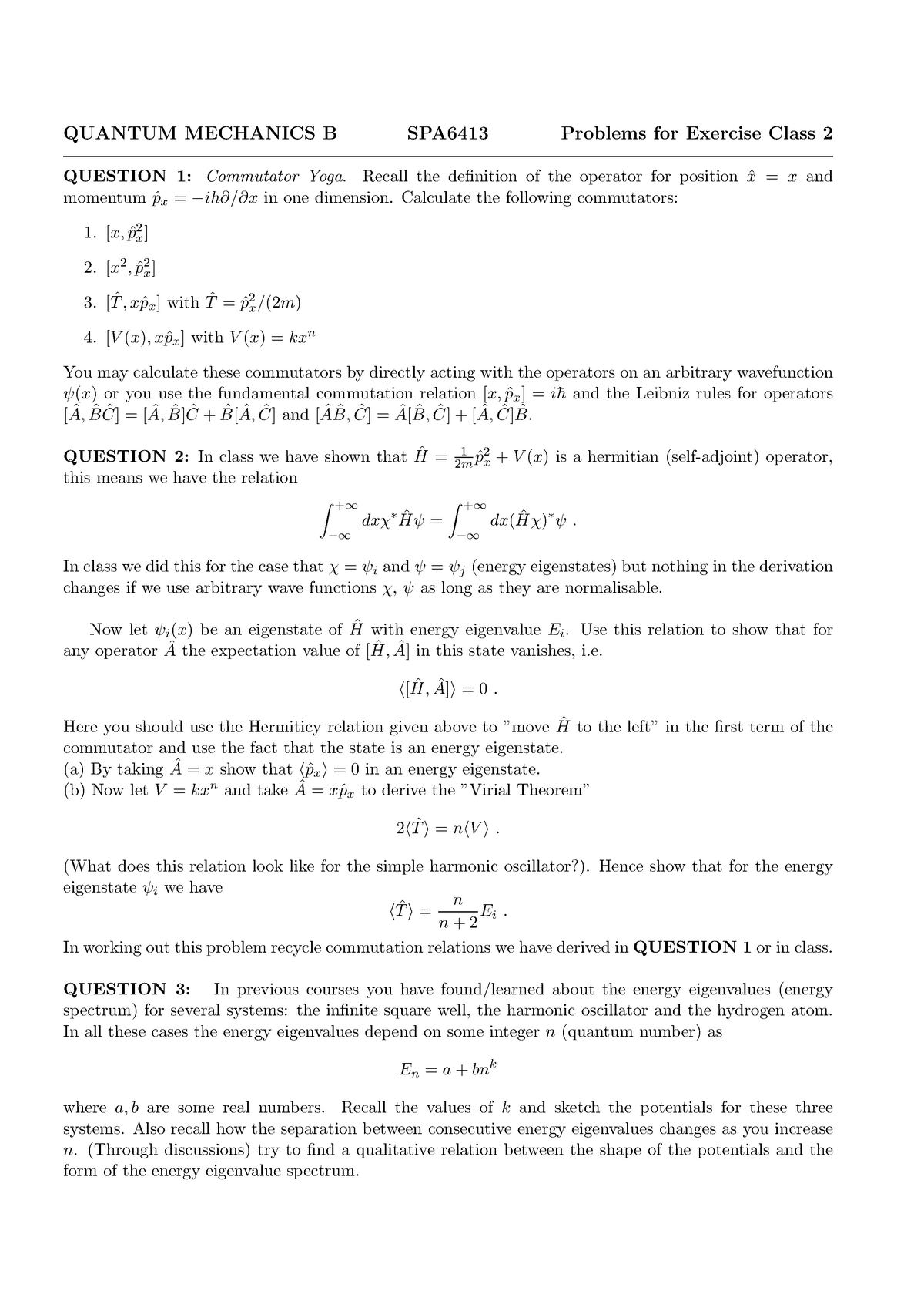 Spa6413 17 18 Problem Sheet 2 Quantum Mechanics Spa6413 Problems For Exercise Class Question Commutator Yoga Recall The Definition Of The Operator For Studocu