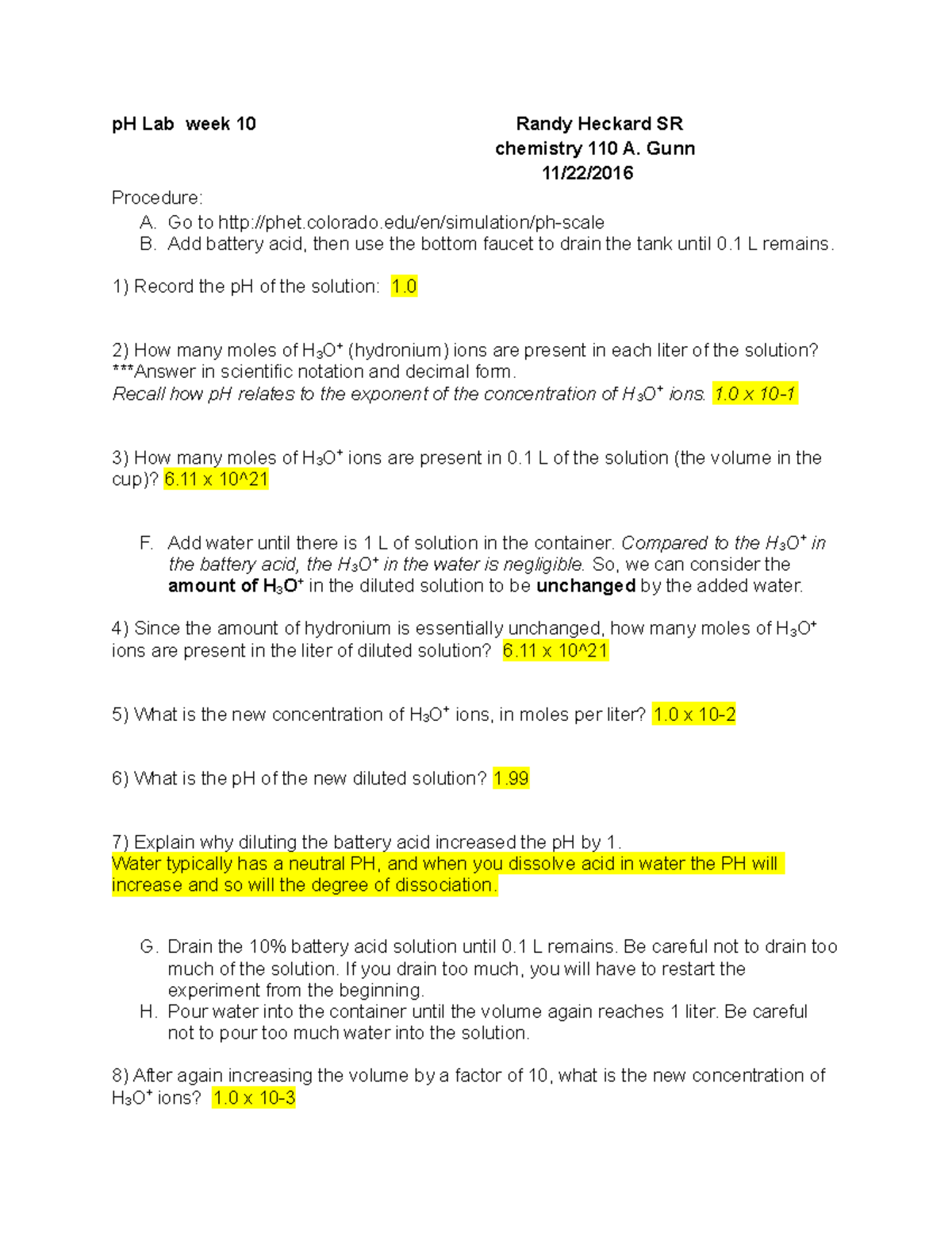 Chemistry 110 PH lab week 10 - pH Lab week 10 Randy Heckard SR ...