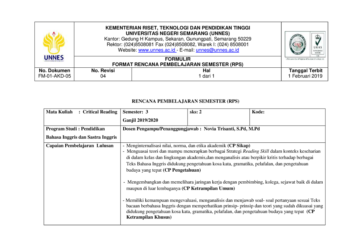 RPS 18J00448 5d5f93ca40cf4 - UNIVERSITAS NEGERI SEMARANG (UNNES) Kantor ...