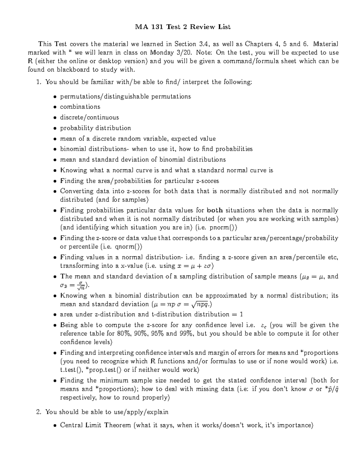 Test 2 Review List - Study guide - MA 131 Test 2 Review List This Test ...