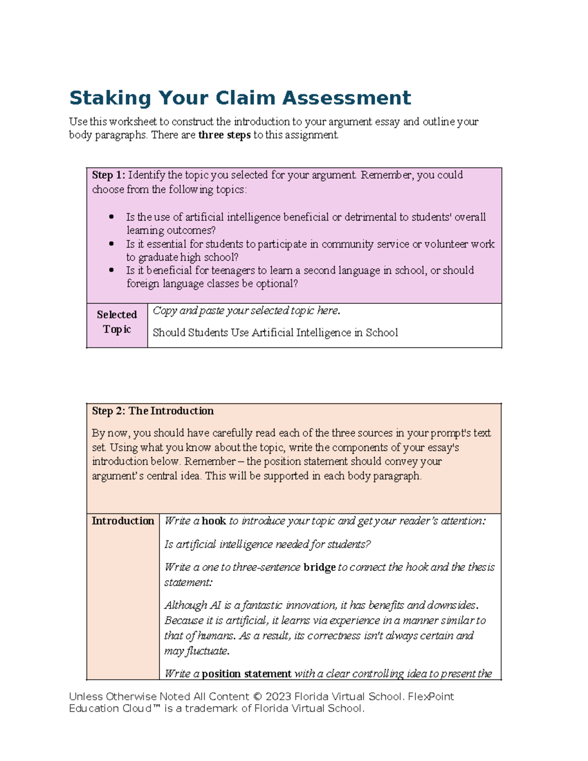 Staking Your Claim Assessment - There are three steps to this ...