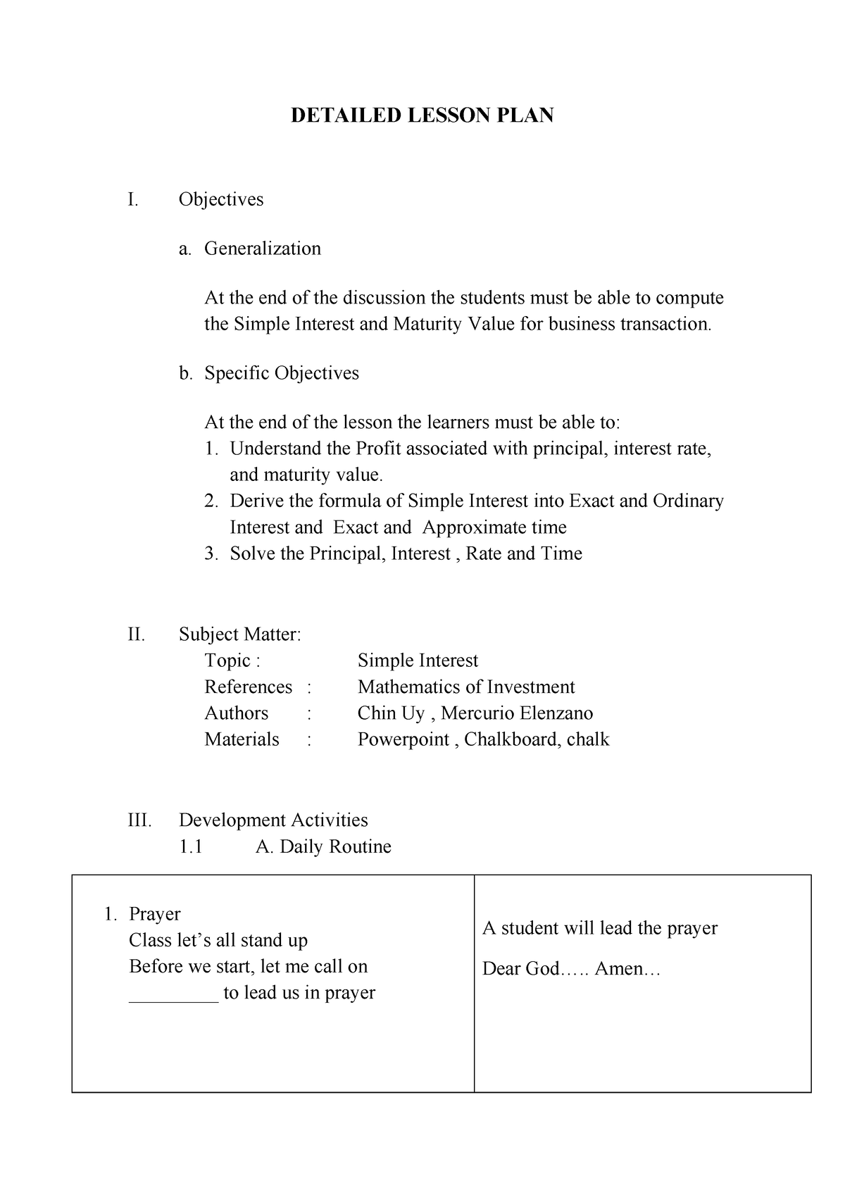 detailed lesson plan in business planning