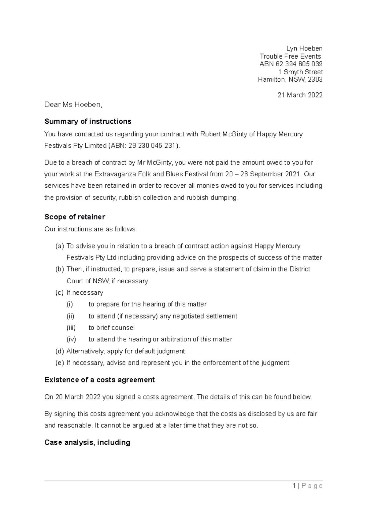 CL T1 A2 - Civil Litigation Practice Task 1 Lyn Hoeben (trading As ...