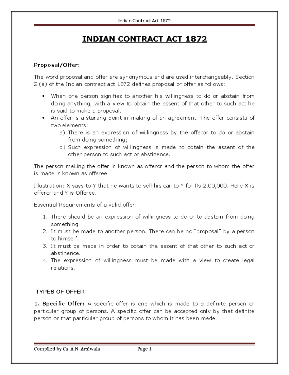 Indian Contract ACT 1872 - INDIAN CONTRACT ACT 1872 Proposal/Offer: The ...