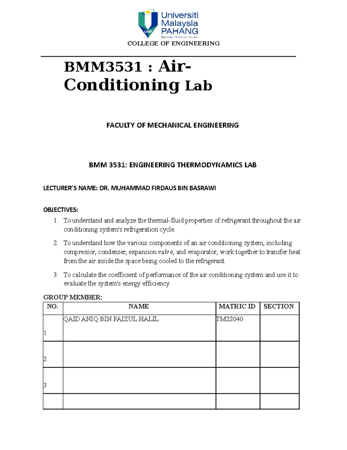 AIR COND air cond report draft COLLEGE OF ENGINEERING BMM3531 Air