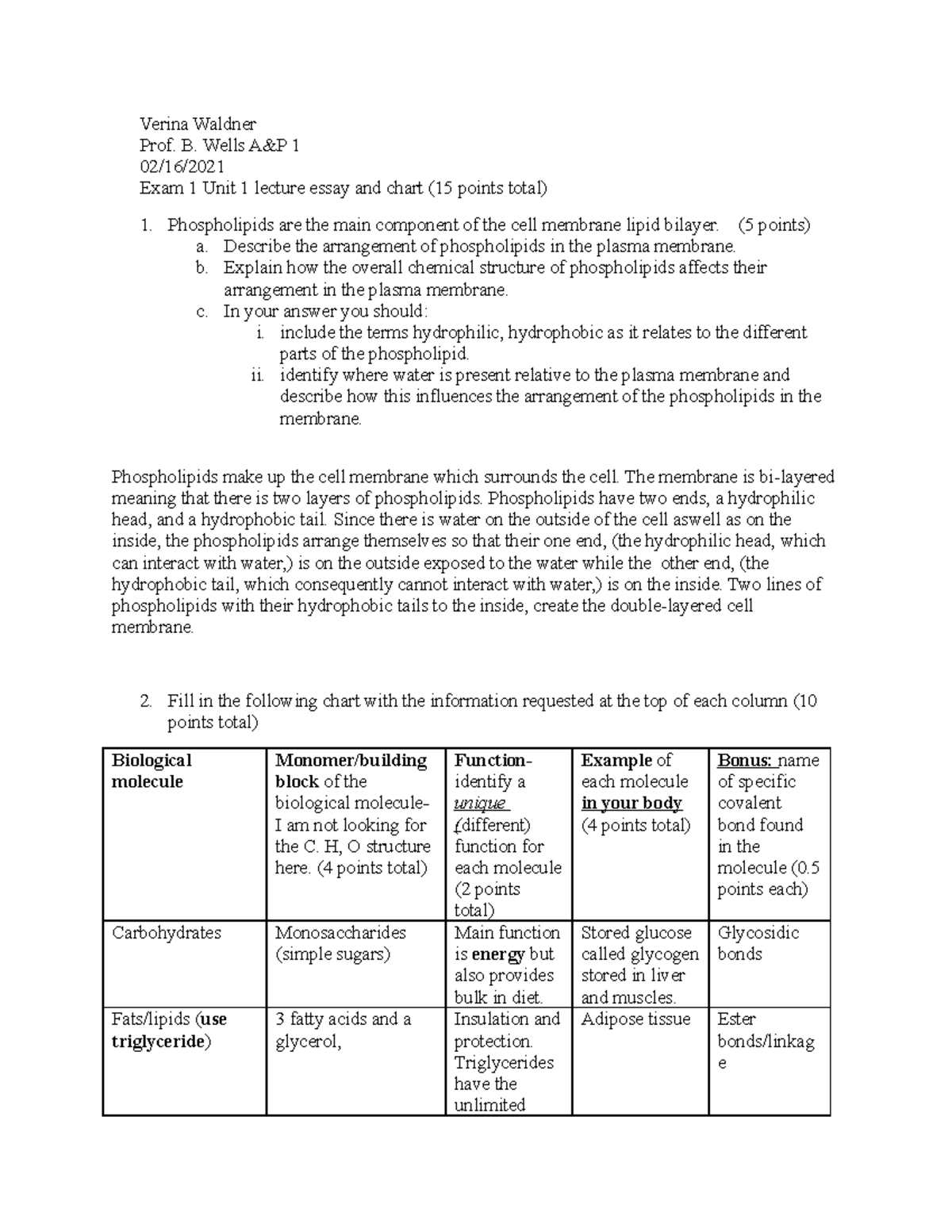 Anatomy and Physiology 2 exam review - Verina Waldner Prof. B. Wells A ...