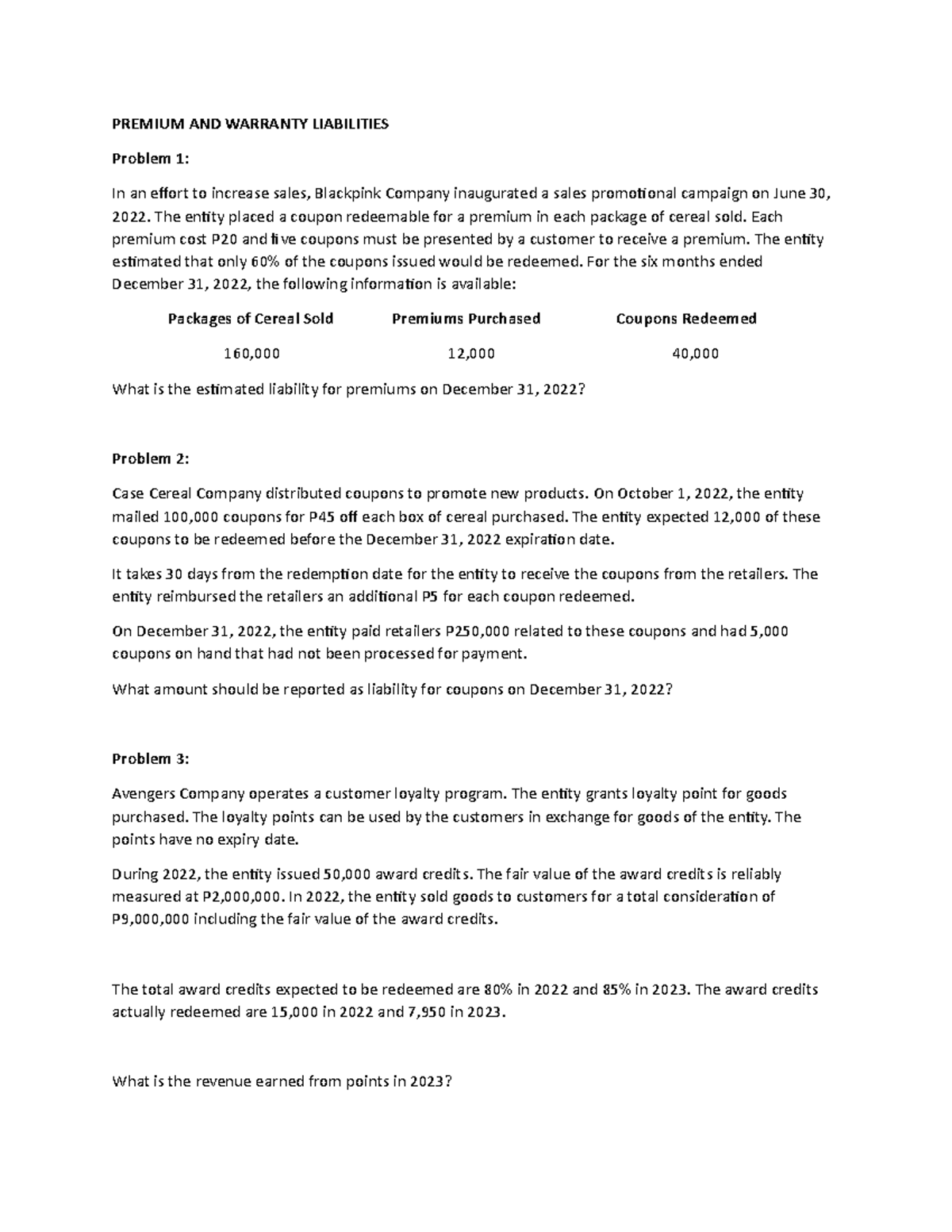 Problem Solving (Premium and Warranty Liabilities) - PREMIUM AND ...