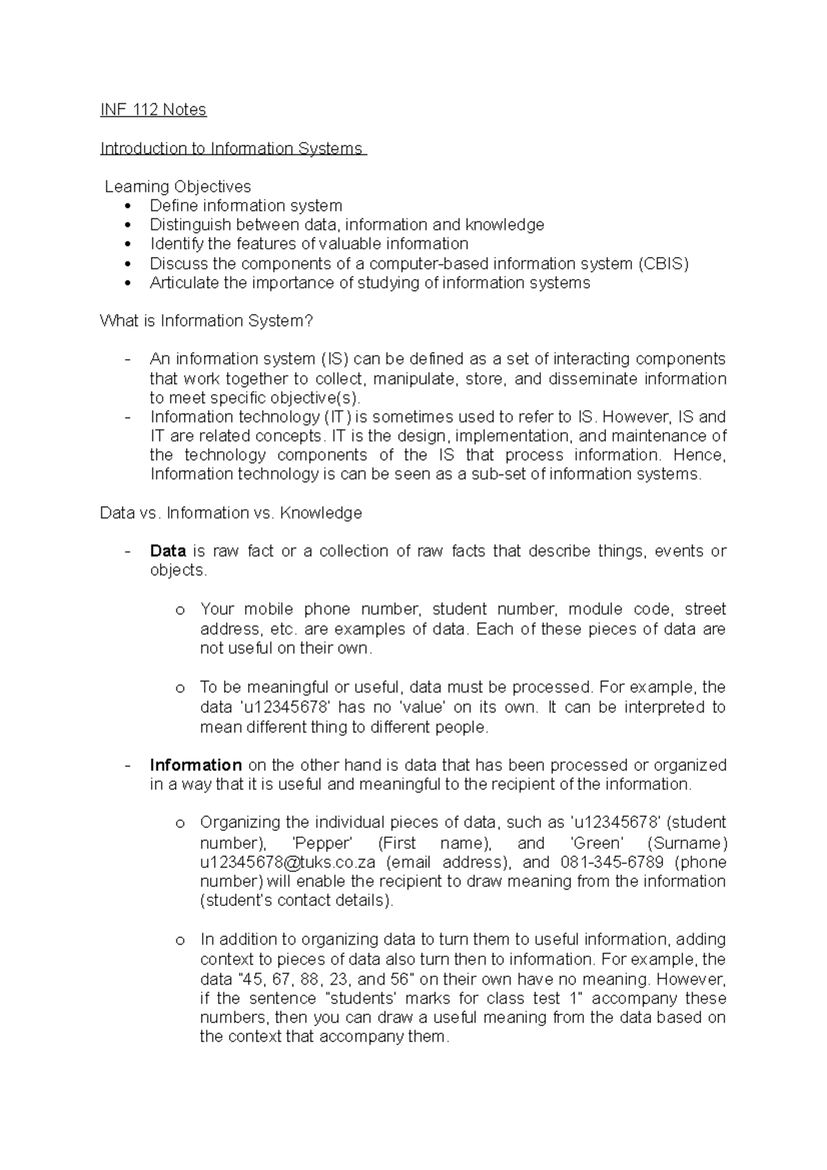 INF 112 Notes - INF 112 Notes Introduction to Information Systems ...