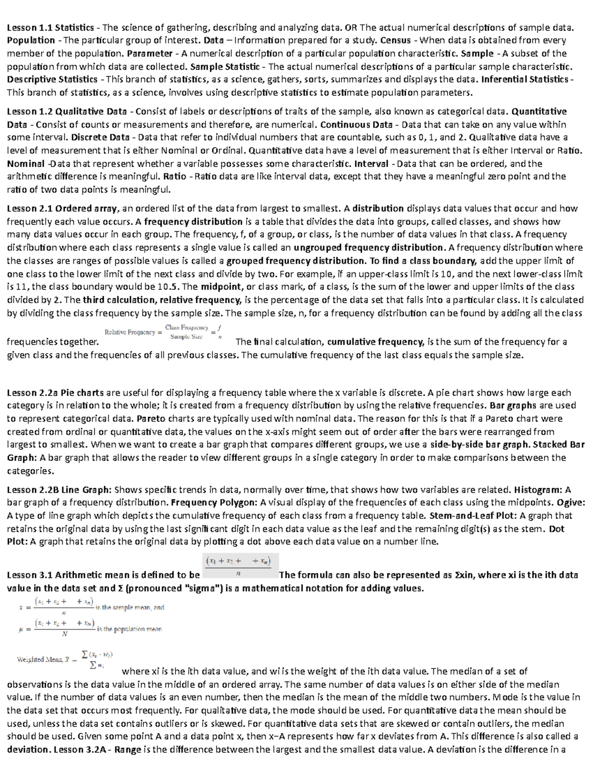 QMST 2333 Cheat Sheet - Lesson 1 Statistics - The science of gathering ...