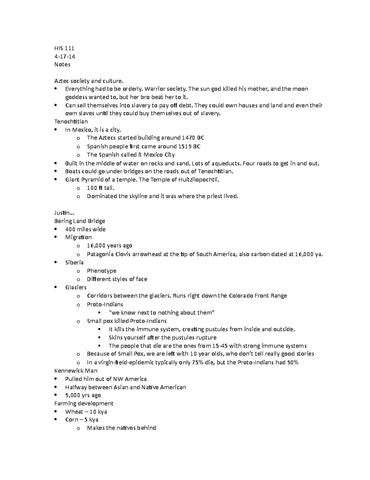 HIS 111 Notes 4-17-14 - HIS 111 4-17- Notes Aztec society and culture ...