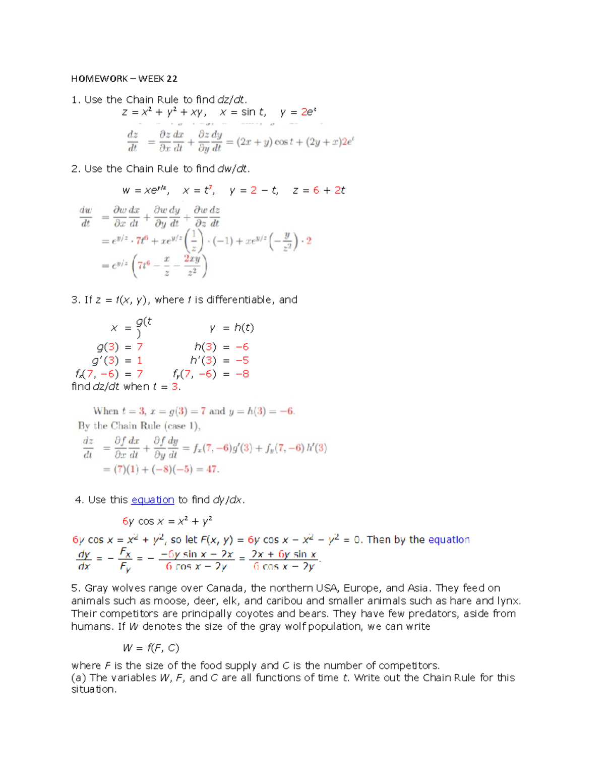 Homework 22 23 Homework Week 22 Use The Chain Rule To Find Dz Dt Z X 2 Y 2 Xy X Sin Studocu