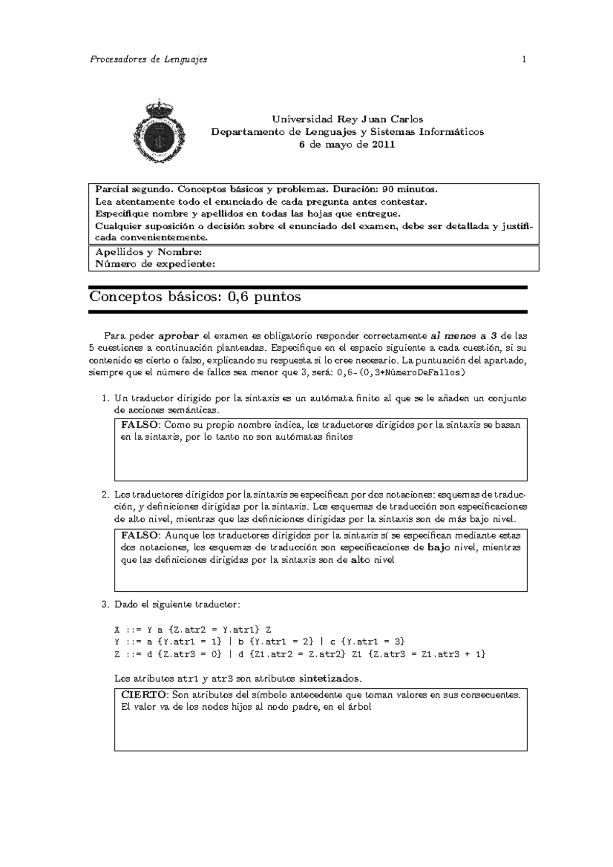 Examen B, 6 Mayo 2011, Preguntas Y Respuestas - 1 Procesadores De ...