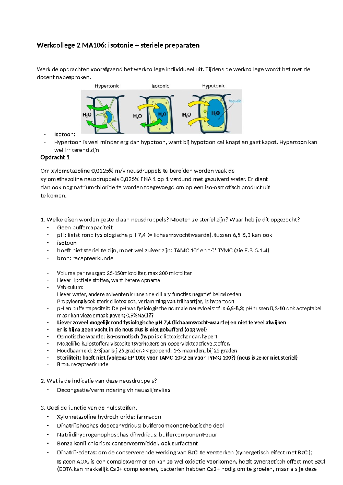 Week 3 - WC2 Uitwerking - Werkcollege 2 MA106: Isotonie + Steriele ...